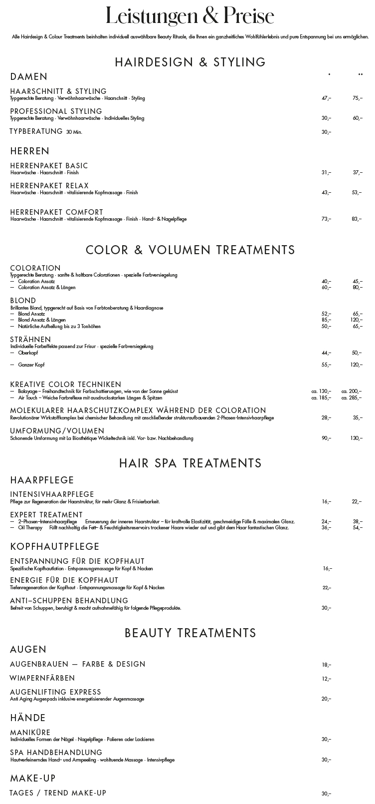 Salon Olivera - Preisliste